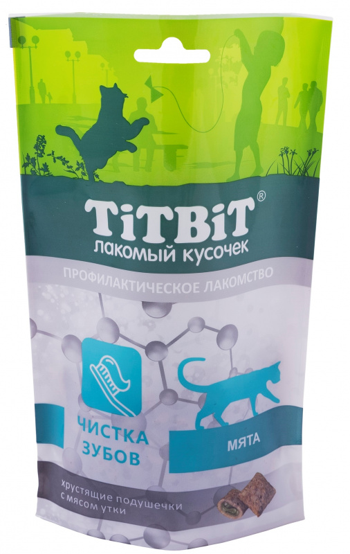лакомство для кошек "titbit" (титбит) хрустящие подушечки с мясом утки для чистки зубов