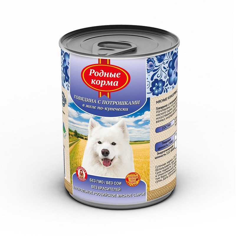 консервы для собак "родные корма" с говядиной и потрошками в желе по-купечески