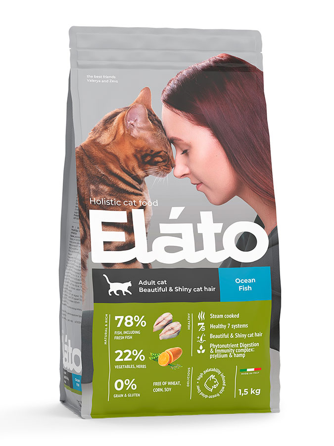 сухой корм для кошек "elato holistic adult cat ocean fish / beautiful & shiny cat hair" с рыбой