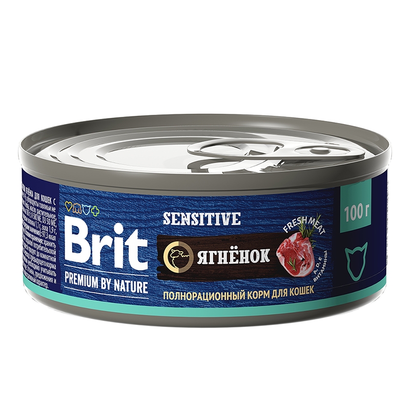 консервы для кошек с чувствительным пищеварением "brit premium by nature"(брит) с мясом ягнёнка