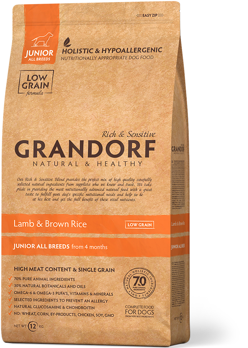 сухой низкозерновой корм для юниоров и беременных (кормящих) собак "grandorf junior all breeds" (грандорф) с ягненком, индейкой и рисом