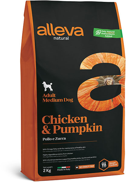 низкозерновой сухой корм для собак средних пород "alleva natural adult chicken & pumpkin medium"(аллева натурал медиум) с курицей и тыквой