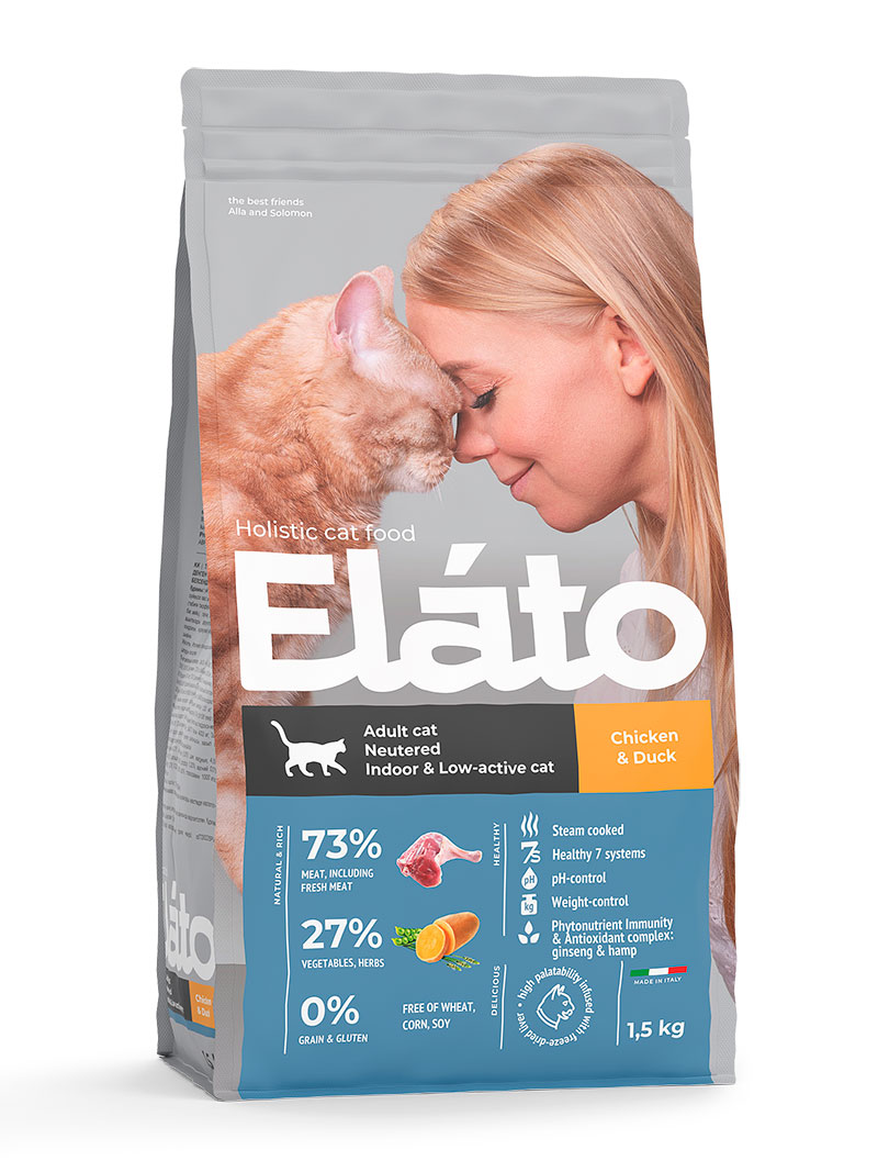 сухой корм для стерилизованных кошек "elato holistic adult cat neutered / indoor & low-active cat"с курицей и уткой