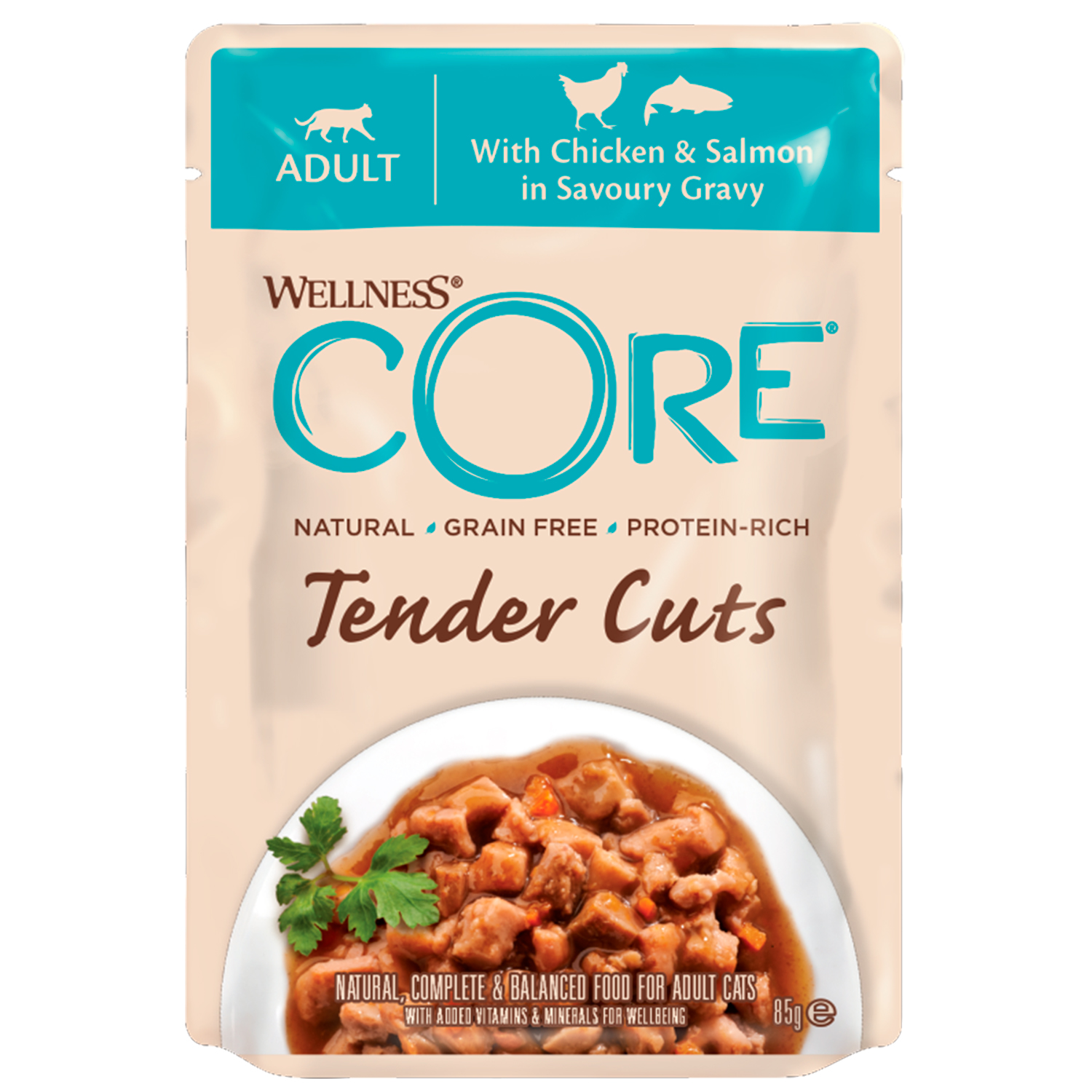 паучи для кошек "wellness core tender cuts" из курицы с лососем в виде нарезки в соусе, 85 г