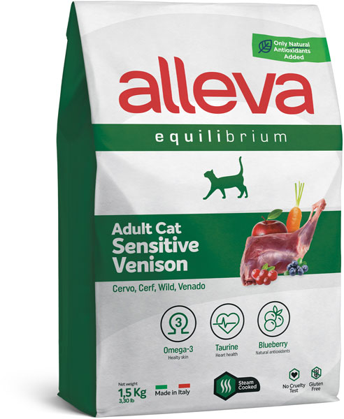 полнорационный сухой корм для взрослых кошек "alleva equilibrium sensitive venison"(аллева эквилибриум сенситив) с олениной