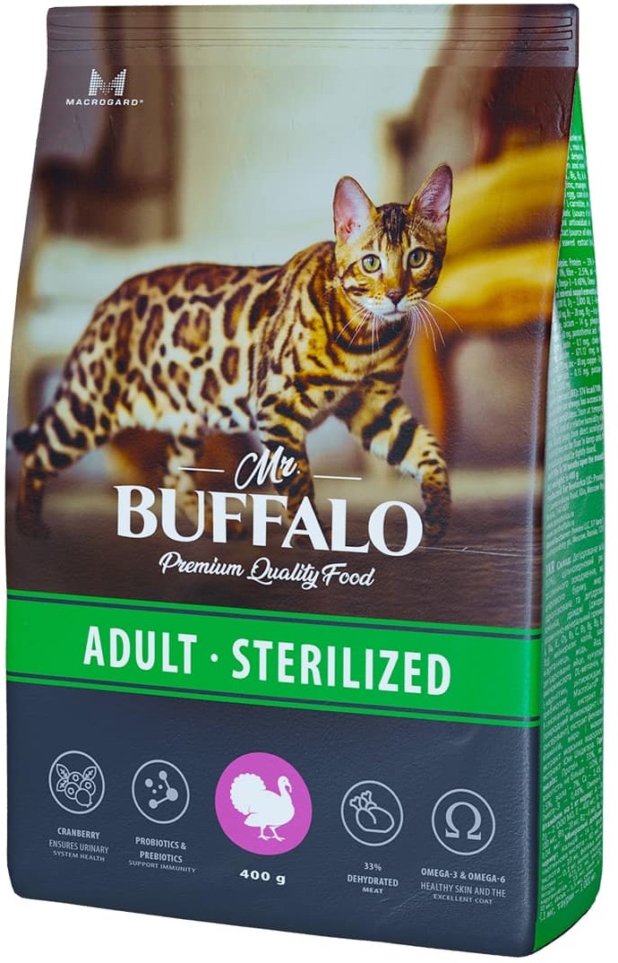 сухой корм для стерилизованных кошек "mr. buffalo sterilized" (мр. баффало) с индейкой