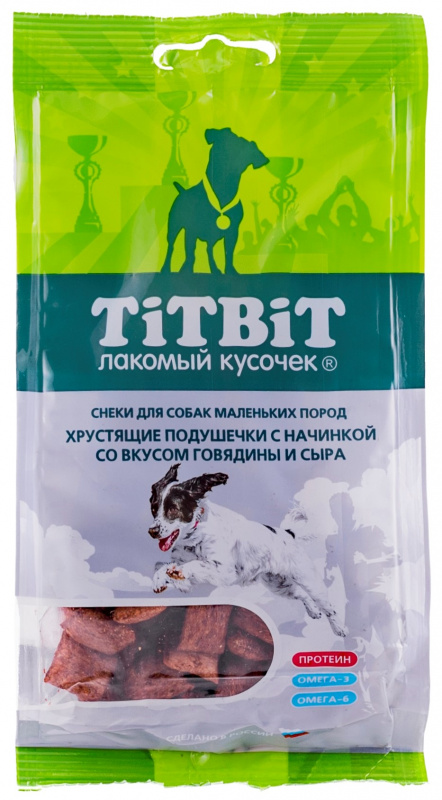 лакомство для собак маленьких пород "titbit" (титбит) хрустящие подушечки с начинкой со вкусом говядины и сыра