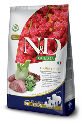 сухой беззерновой корм для собак, поддержка пищеварения "farmina n&d quinoa digestion" (фармина) с ягненком и киноа
