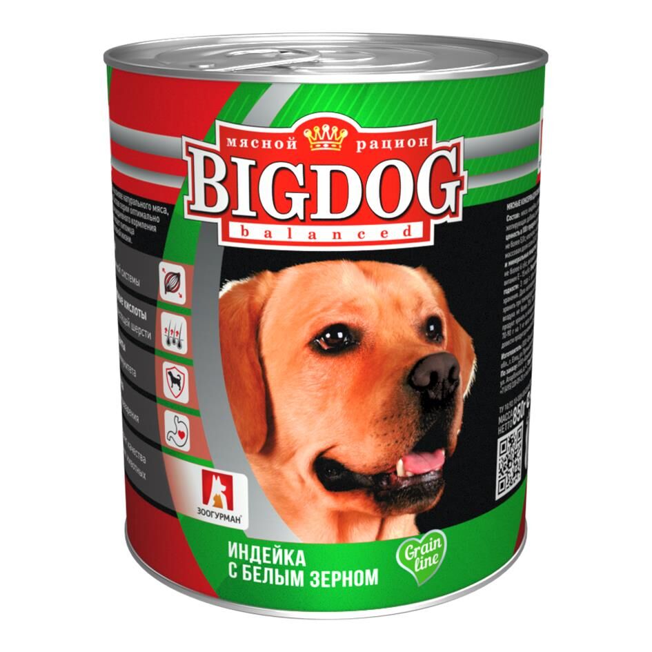 консервы для собак "big dog" (биг дог) с индейкой и белым зерном тм зоогурман