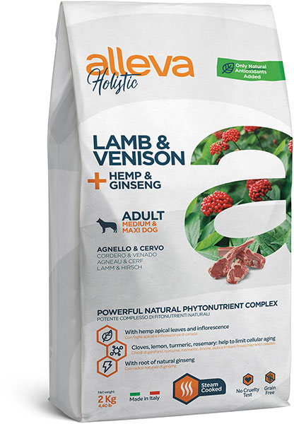 беззерновой сухой корм для взрослых собак средних и крупных пород "alleva holistic lamb & venison + hemp & ginseng medium/maxi holistic" (аллева холистик) ягненок, оленина, конопля и женьшень