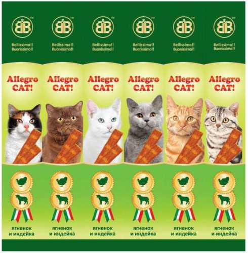 лакомство для кошек "b&b allegro cat!" (аллегро кэт) колбаски с ягнёнком и индейкой (6 шт)