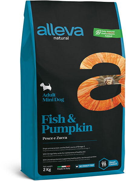 низкозерновой сухой корм для собак мелких пород "alleva natural adult fish & pumpkin mini"(аллева натурал мини) с рыбой и тыквой