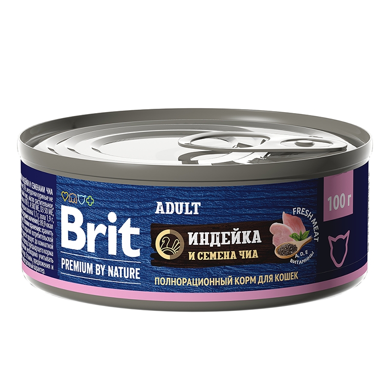 консервы для кошек "brit premium by nature"(брит) с мясом индейки и семенами чиа