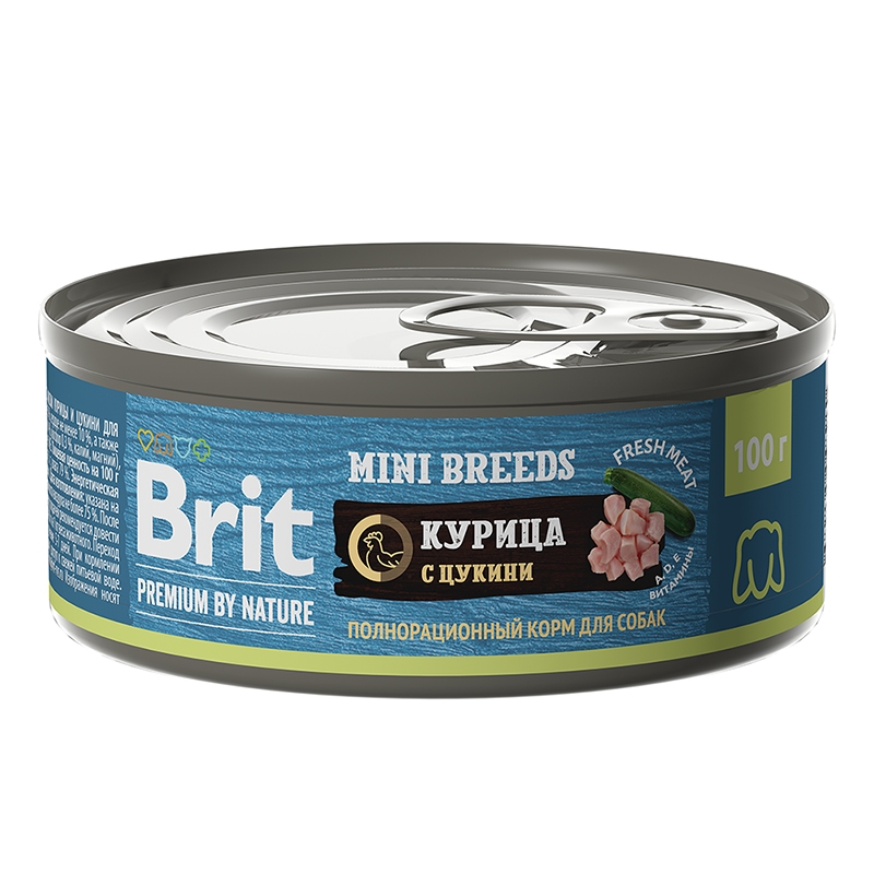 консервы для взрослых собак мелких пород "brit premium by nature"(брит) с курицей и цукини