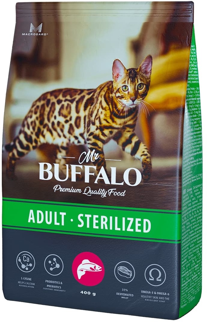 сухой корм для стерилизованных кошек "mr. buffalo sterilized" (мр. баффало) с лососем