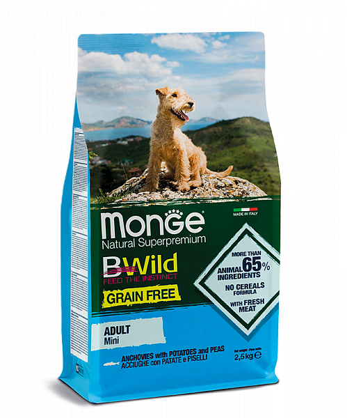 сухой корм monge dog bwild grain free mini беззерновой из анчоуса с картофелем и горохом для взрослых собак мелких пород