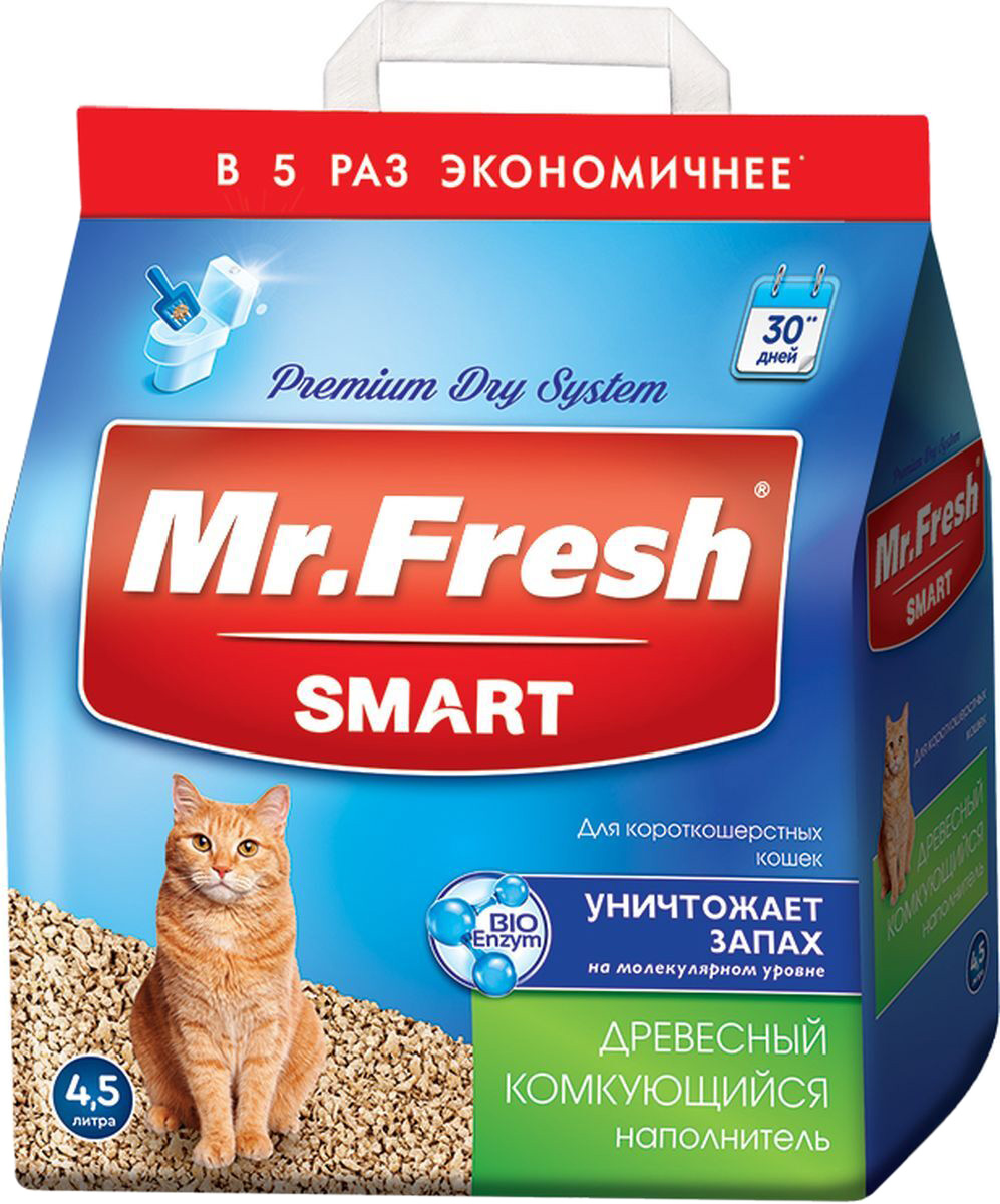 наполнитель для кошачьего туалета "mr. fresh smart" древесно-комкующийся, для короткошерстных кошек