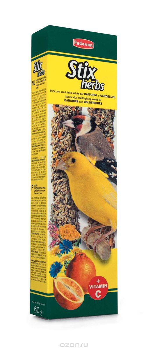 палочки для канареек и экзотических птиц "padovan" (падован) антистрессовые с травами, 2 шт*60 г