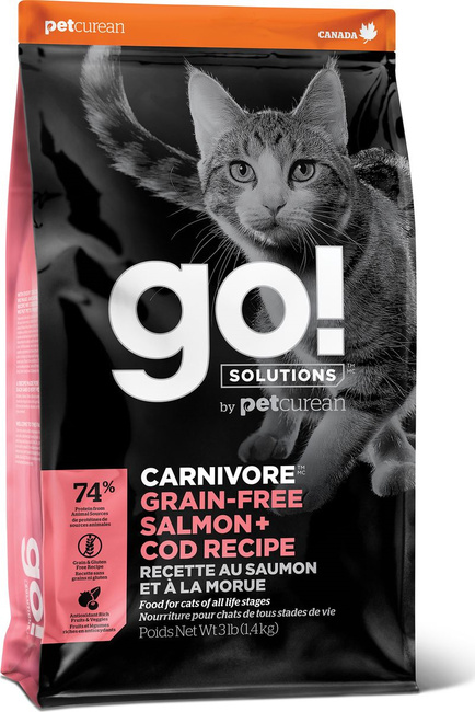 сухой беззерновой корм для котят и кошек "go! carnivore gf salmon + cod recipe for cats 42/16" (гоу) с лососем и треской