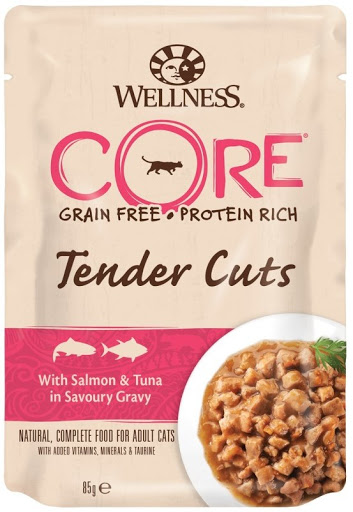 паучи для кошек "wellness core tender cuts" лосось с тунцом в виде нарезки в соусе для кошек, 85 г
