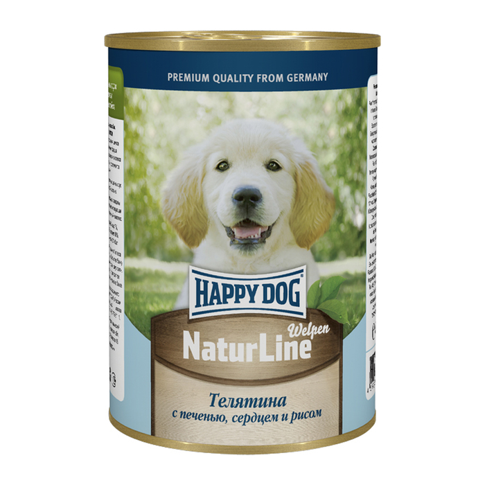 консервы для щенков "happy dog" (хэппи дог) с телятиной, печенью, сердцем и рисом