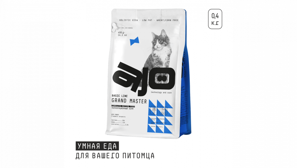 сухой полнорационный корм для кошек старшего возраста "ajo cat holistic grand master" (айо) с курицей и свининой