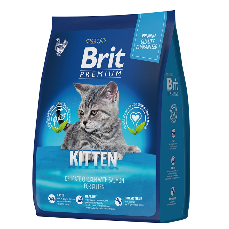 сухой корм для котят, беременных и кормящих кошек "brit premium cat kitten"(брит киттен) с курицей и лососем