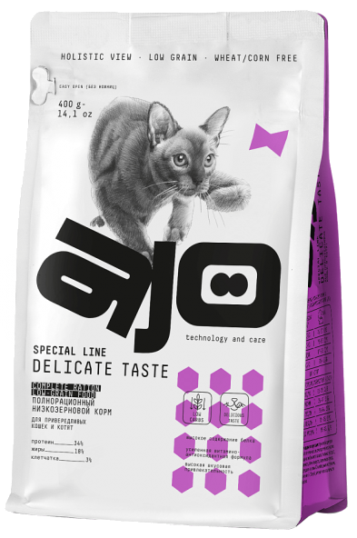 сухой полнорационный корм для привередливых кошек и котят "ajo cat holistic delicate taste" (айо) с индейкой, курицей и свининой