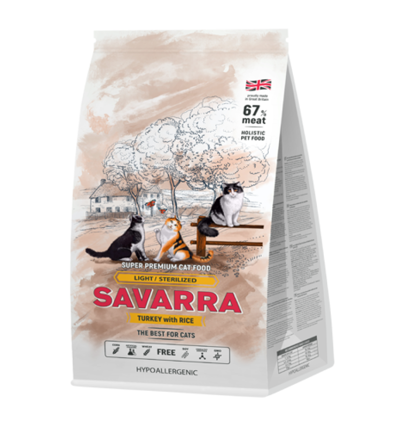 сухой корм для стерилизованных кошек с лишним весом "savarra light cat" (саварра) с индейкой и рисом