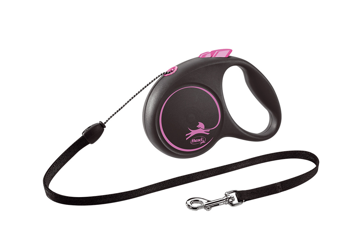 рулетка для животных "flexi black design s" (флекси) 5 м до 12 кг (трос) черная с розовым