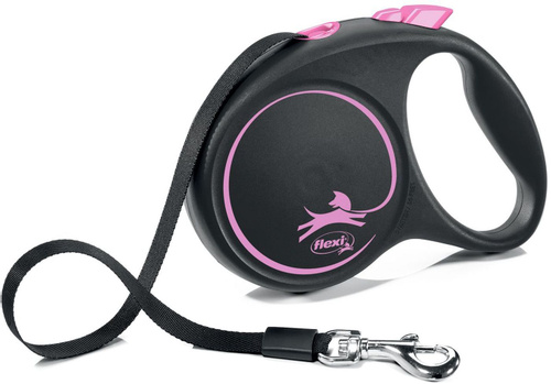 рулетка для животных "flexi black design m" (флекси) 5 м до 25 кг (лента) черная с розовым
