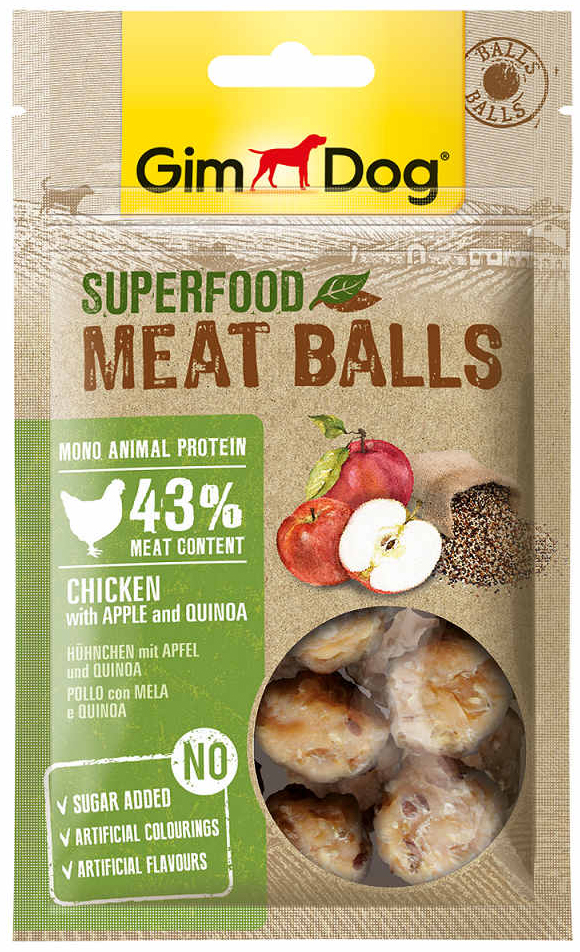 лакомство для собак "gimdog superfood" мясные шарики из курицы с яблоком и киноа