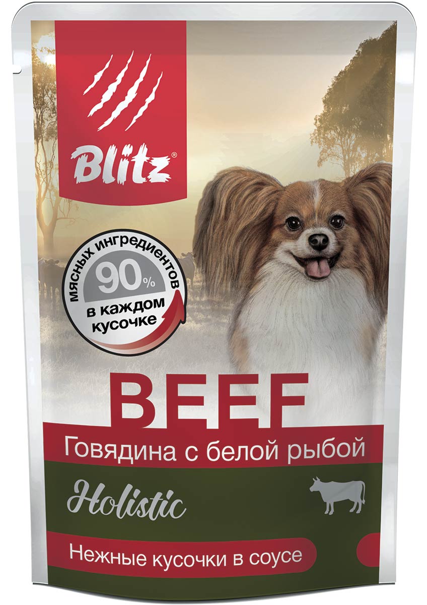 влажный корм для взрослых собак мелких пород кусочки в соусе "blitz holistic" (блиц) говядина с белой рыбой