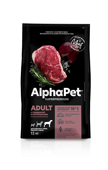 сухой корм для взрослых собак крупных пород "alphapet superpremium"(альфапет суперпремиум) с говядиной и потрошками