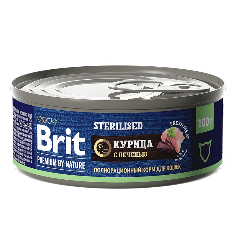 консервы для стерилизованных кошек "brit premium by nature"(брит) с мясом курицы с печенью