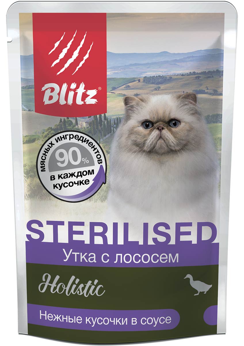 паучи для стерилизованных кошек "blitz holistic sterilised" (блиц) утка с лососем в соусе