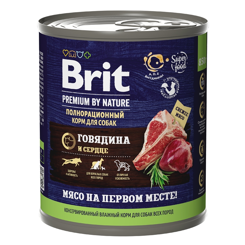 консервы для взрослых собак "brit premium by nature" (брит) с говядиной и сердцем