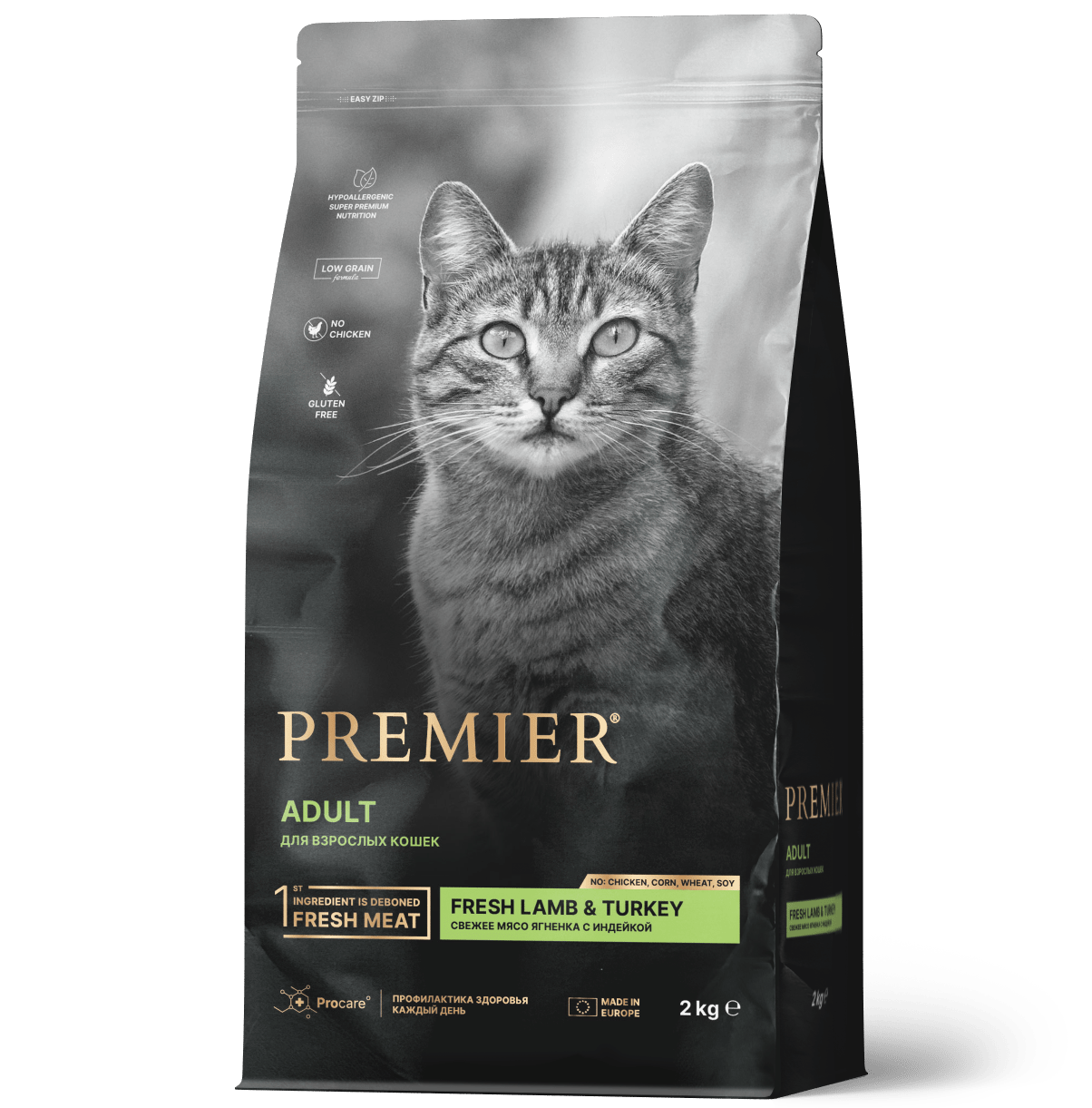 сухой низкозерновой корм для взрослых кошек "premier adult cat fresh lamb&turkey" (премьер) свежее мясо ягненка с индейкой