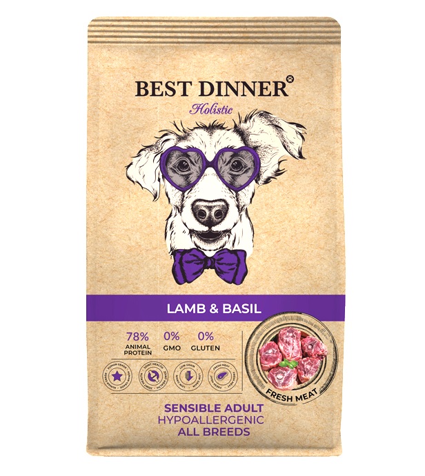 сухой корм для собак средних и крупных пород "best dinner hypoallergenic adult" (бест диннер холистик) с ягнёнком и базиликом