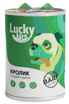 полнорационный консервированный корм "lucky bits" (лаки битс) для собак всех пород с 6 месяцев с кроликом, грушей и цукини