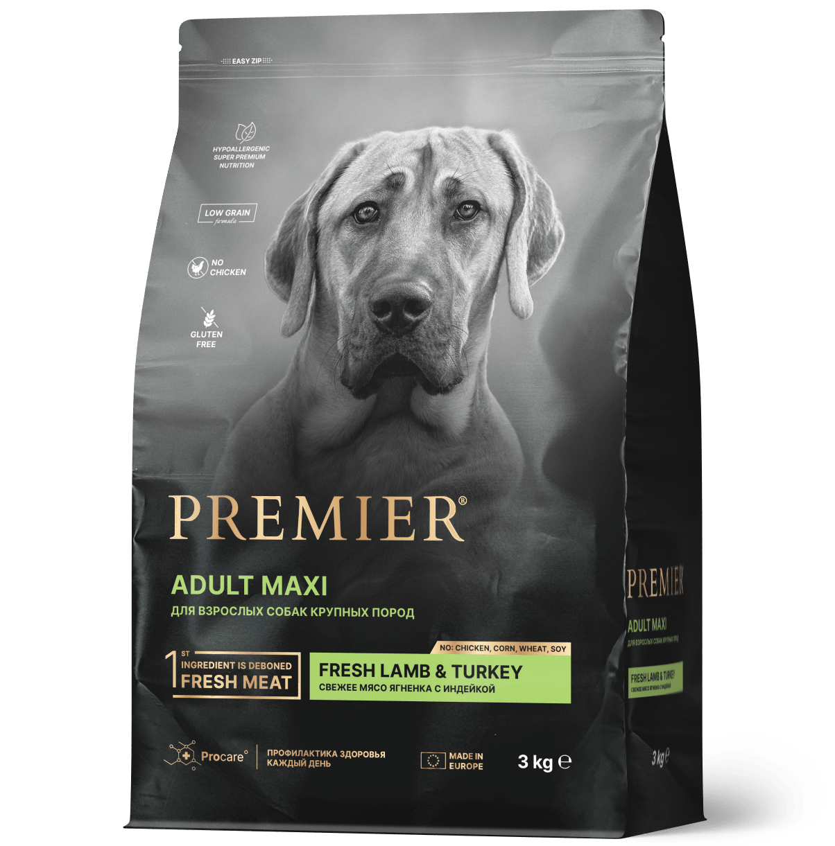 сухой низкозерновой корм для взрослых собак крупных пород "premier adult maxi fresh lamb&turkey" (премьер) свежий ягненок с индейкой