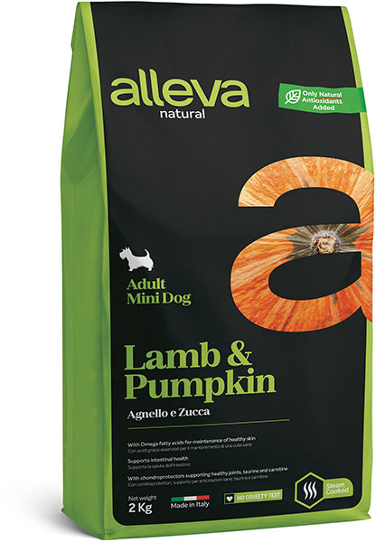 низкозерновой сухой корм для взрослых собак мелких пород "alleva natural lamb & pumpkin mini"(аллева натурал мини) ягненок и тыква
