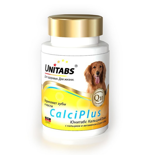 витамины для собак "unitabs calciplus с q10" (юнитабс) кальций, фосфор и витамин d, 100 таб