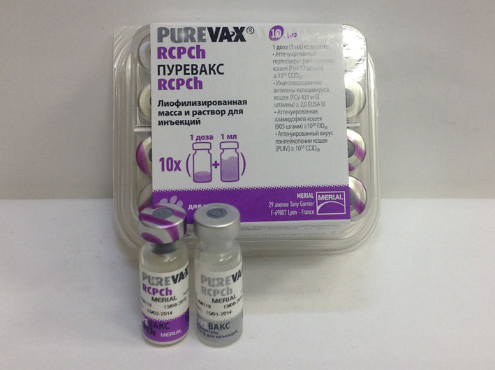 вакцина для кошек "purevax rcpch" (пуревакс) против вирусного ринотрахеита, калицивирусной инфекции, панлейкопении и хламидиоза.