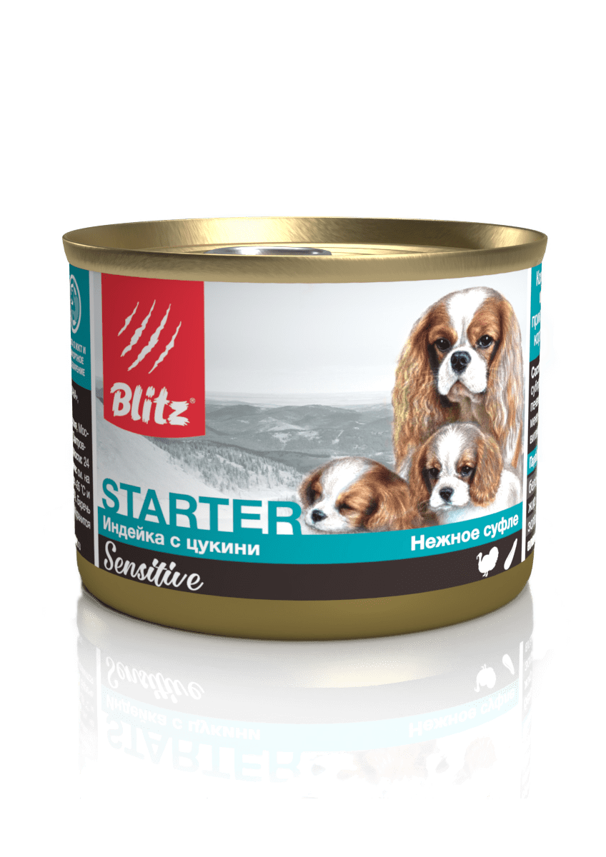 консервы для щенков, беременных и кормящих сук "blitz sensitive starter"(блиц стартер) суфле индейка с цукини