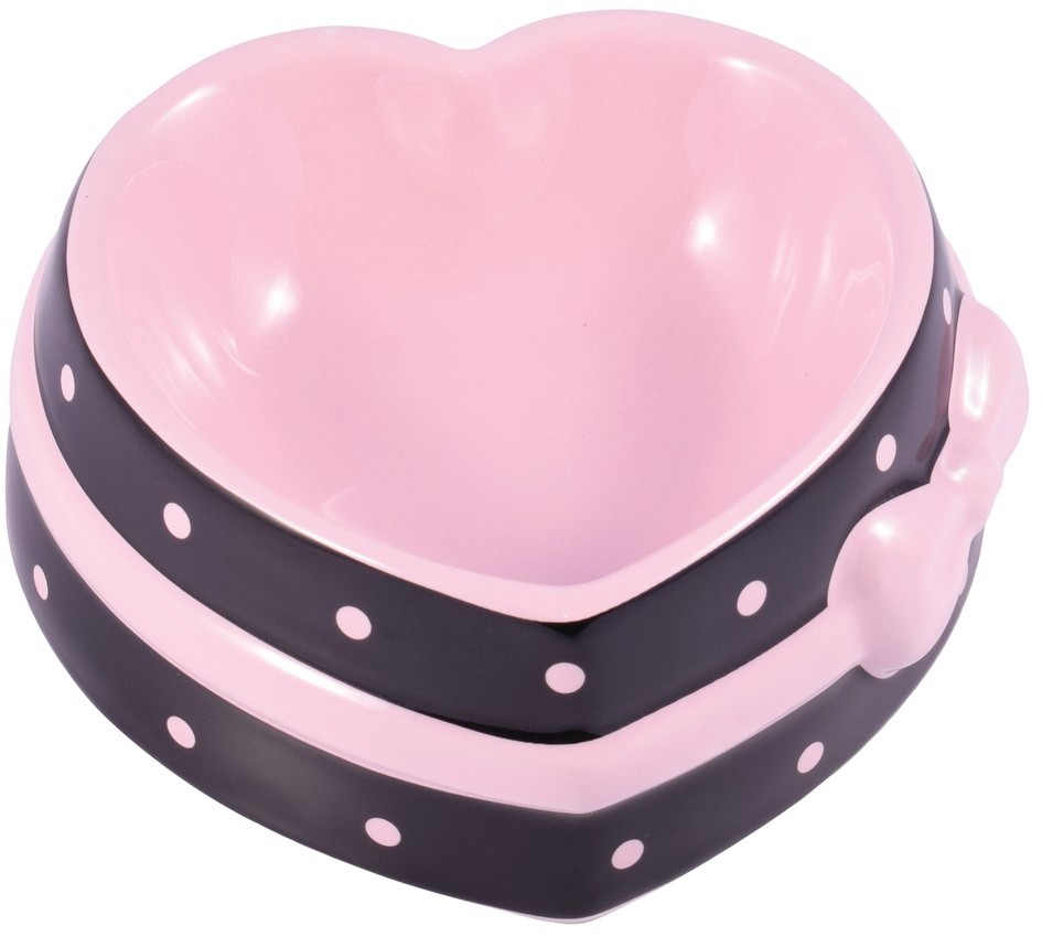 миска керамическая для собак и кошек "керамикарт" сердечко,  250 мл (коричневая с розовым бантом)