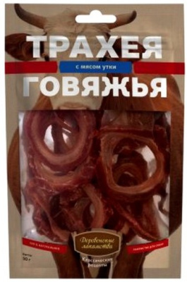 деревенские лакомства для собак трахея говяжья с мясом утки