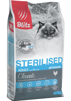 сухой корм  для стерилизованных кошек "blitz classic sterilised" (блиц) с курицей