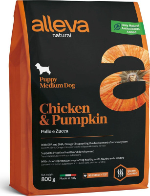 низкозерновой сухой корм для щенков мелких пород "alleva natural puppy chicken & pumpkin mini"(аллева натурал паппи мини) с курицей и тыквой