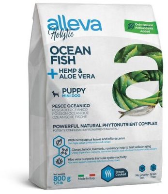 полнорационный сухой корм для щенков мелких пород"alleva holistic ocean fish + hemp & aloe vera puppy mini"(аллева холистик паппи мини) с океанической рыбой, коноплей и алое вера